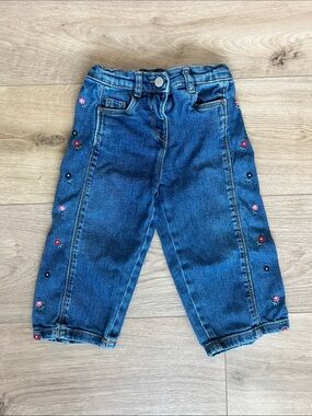 Italian Girls' Blue Denim Jeans with Floral Side Embroidery Barrel leg wide leg